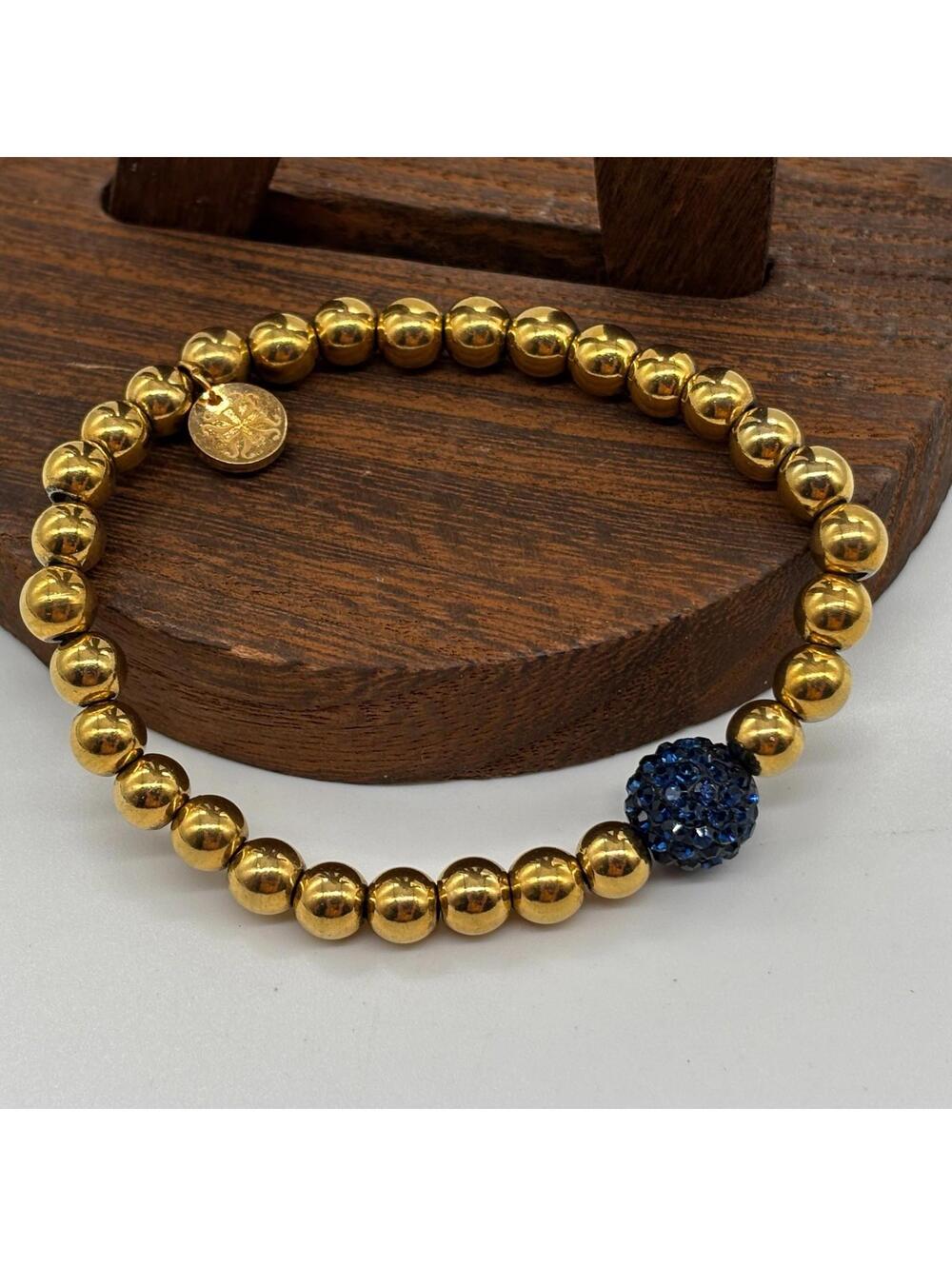 VTG RC Rustic Cuff Beaded Gold Tone Ball Stretch Bracelet Navy Blue Beaded Ball